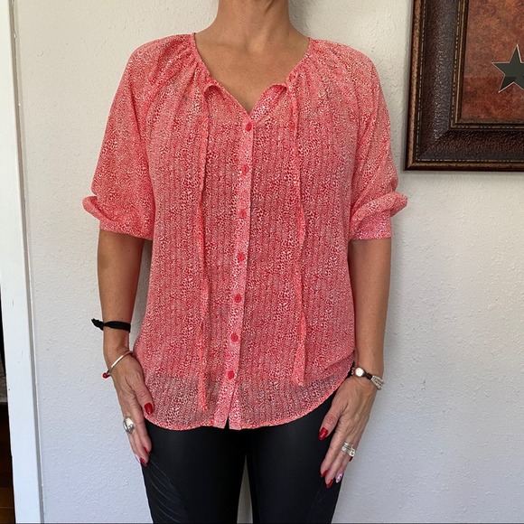 Olivia Moon Red & White Sheer Blouse - Picture 2 of 12